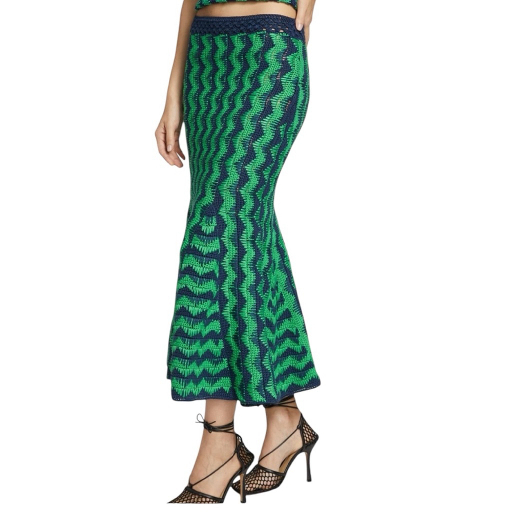 Women's Wales Bonner Ocean Zigzag Green and Blue Midi Skirt Size Small NWT